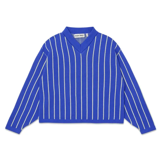 Sweat Col V Rayé Coton Bio | Bleu électrique