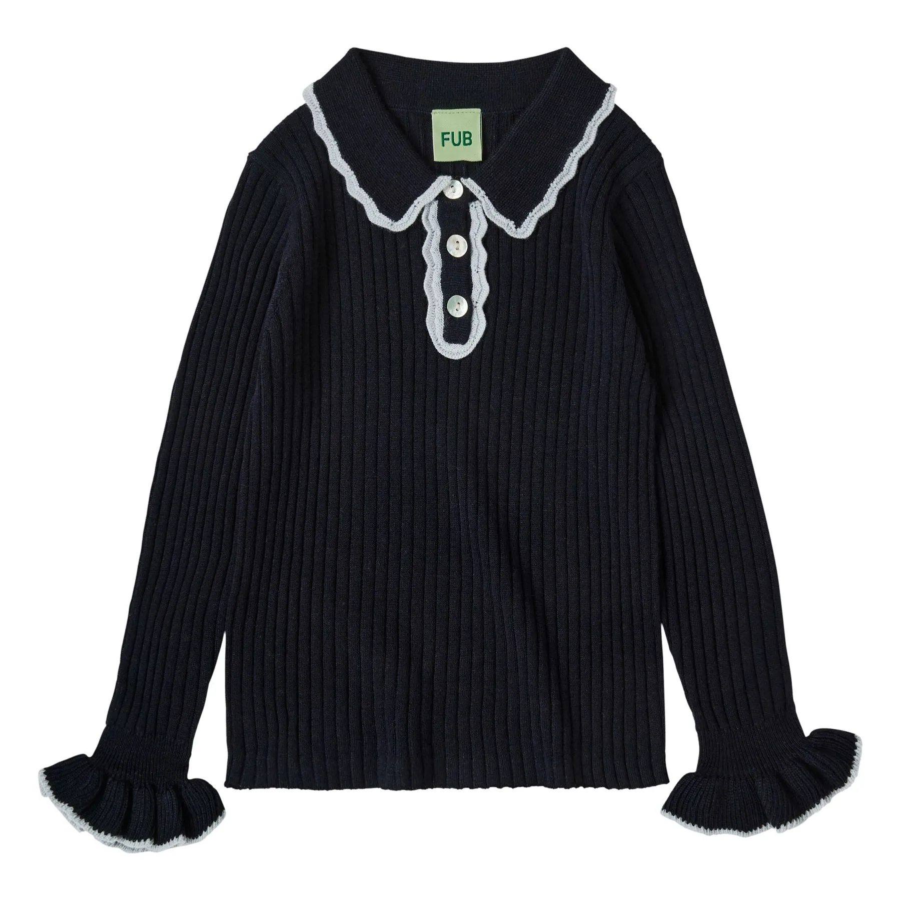 Fub Navy Blue Polo Ruffle Extra Fine Knit Merino Wool
