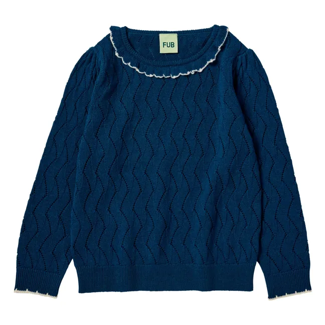 Pullover Pointelle Feinstrick Merinowolle | Blau