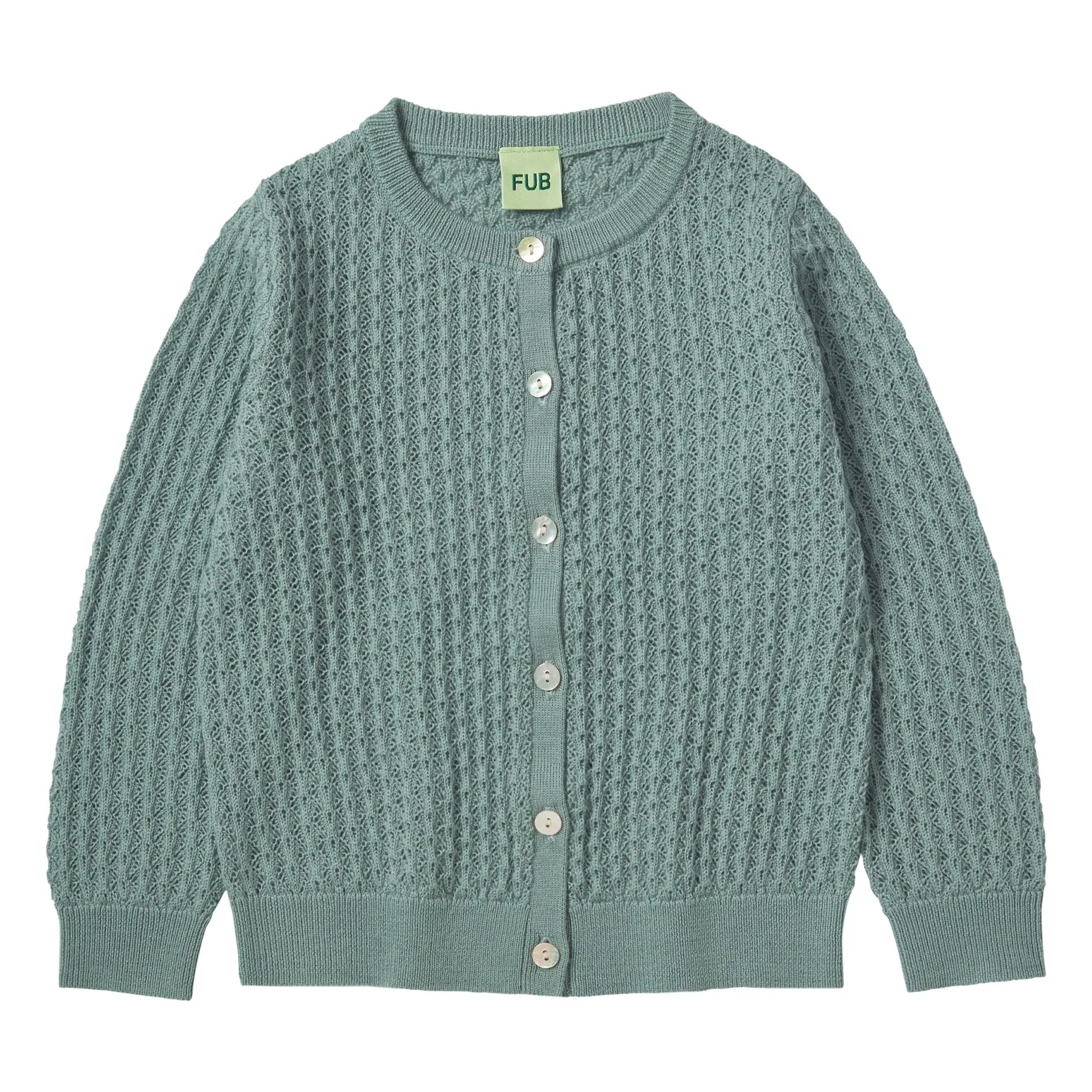 Fub Almond Green Cardigan Pointelle Fine Knit Merino Wool