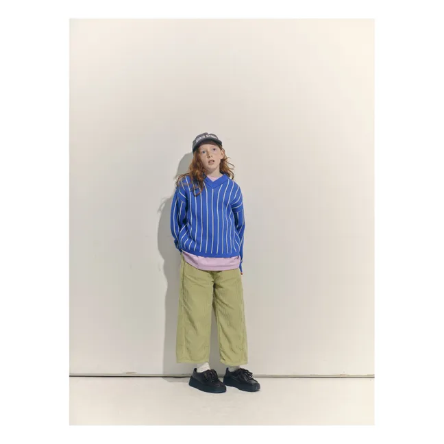 Sweat Col V Rayé Coton Bio | Bleu électrique
