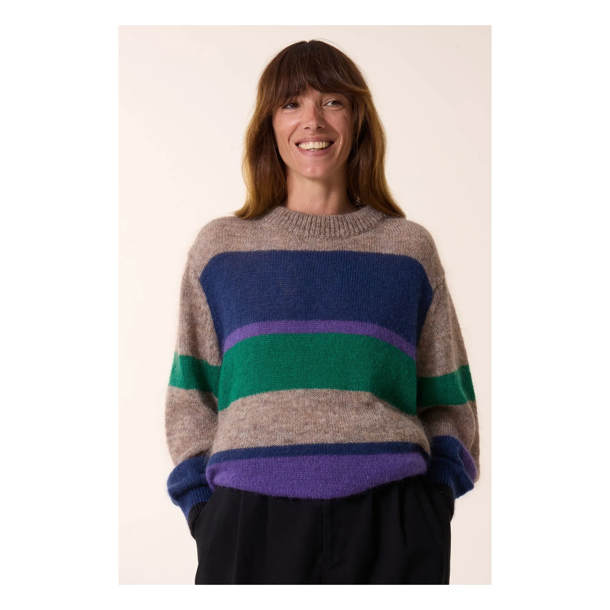 Leon & Harper Beige Madra Super Kid Mohair Stripes Sweater