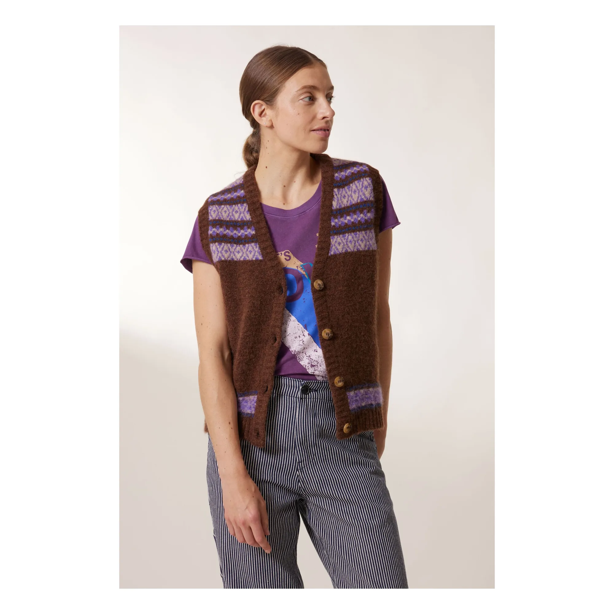 Leon & Harper Brown Mamette Sleeveless Cardigan Merino Wool And Alpaca