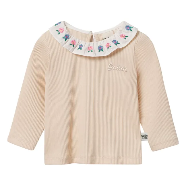T-shirt Côtelé Col Brodé | Crème