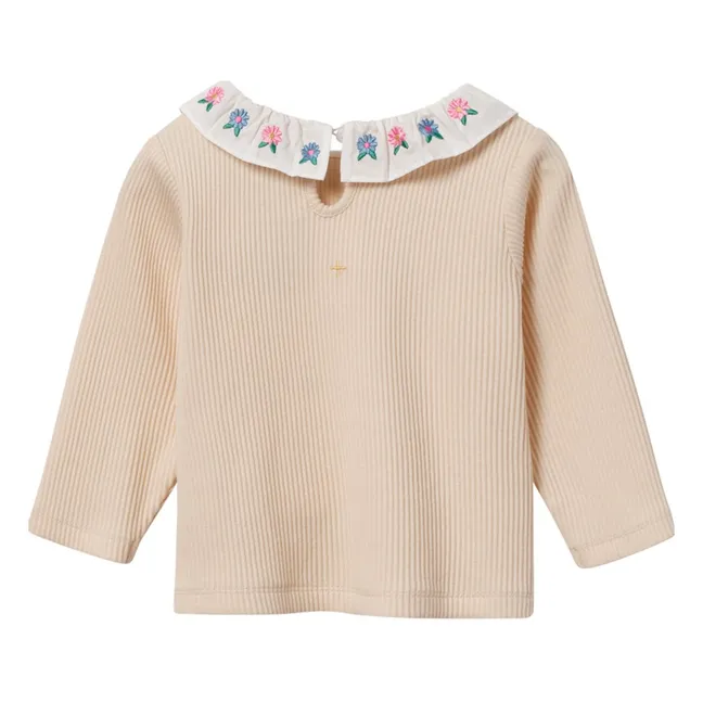 T-shirt Côtelé Col Brodé | Crème