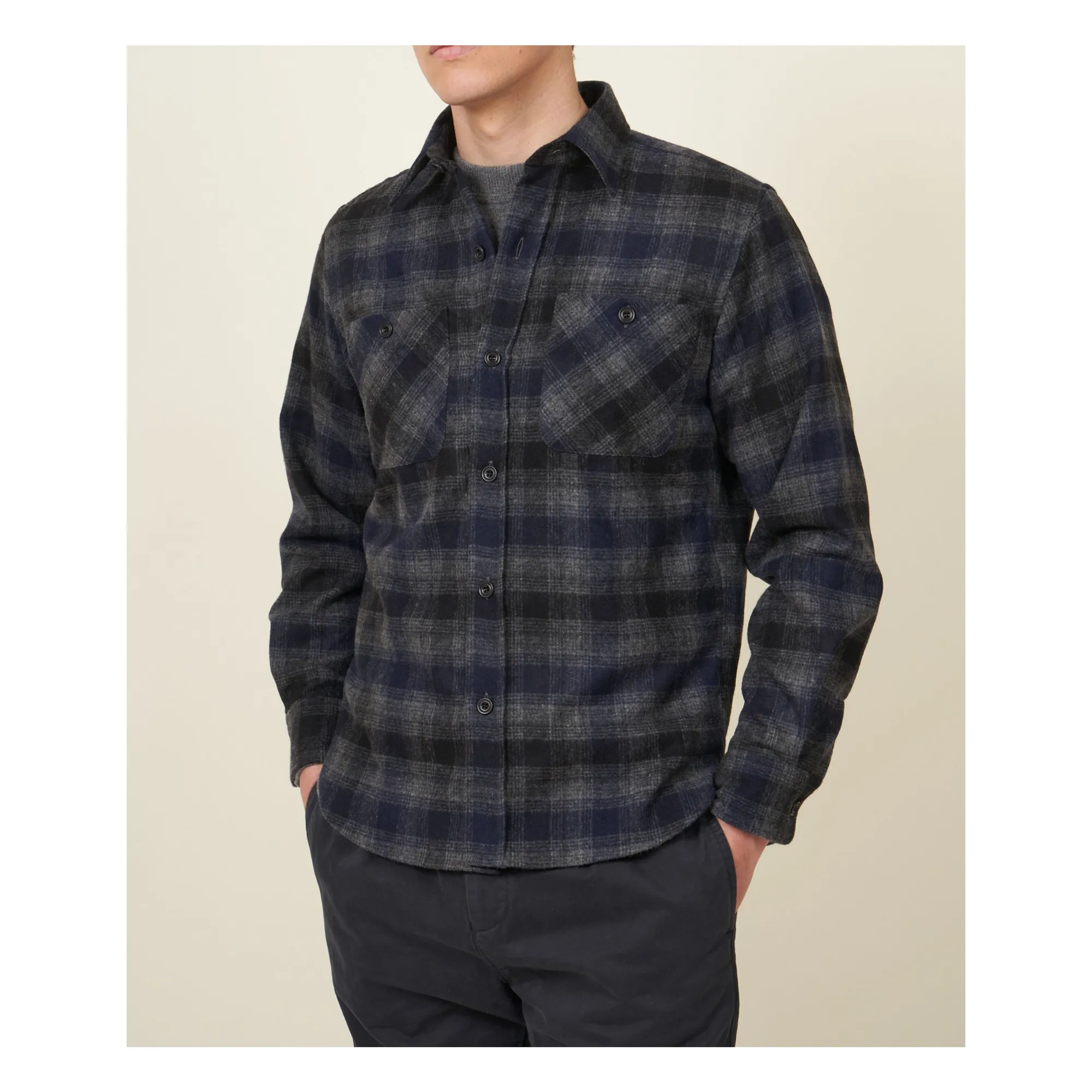 Hartford Men's Navy Blue Shirt Percey Carreaux Laine Recyclée