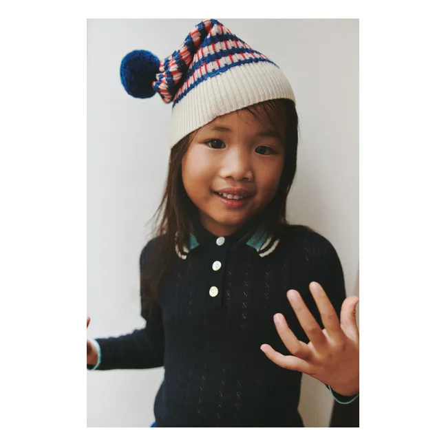 Merino Wool Pointelle Polo Shirt | Navy blue