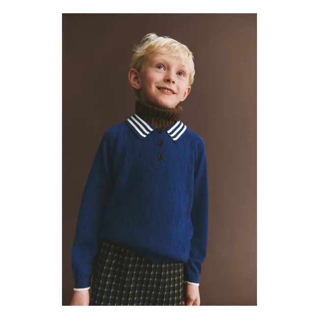 Polo Harlekin Maille Fine Laine Mérinos | Bleu