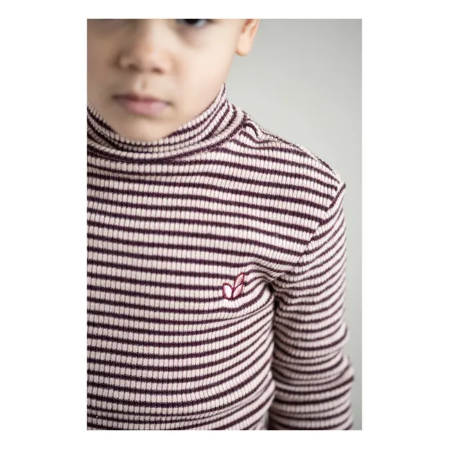 Tara Striped Roll Neck T-Shirt | Burgundy