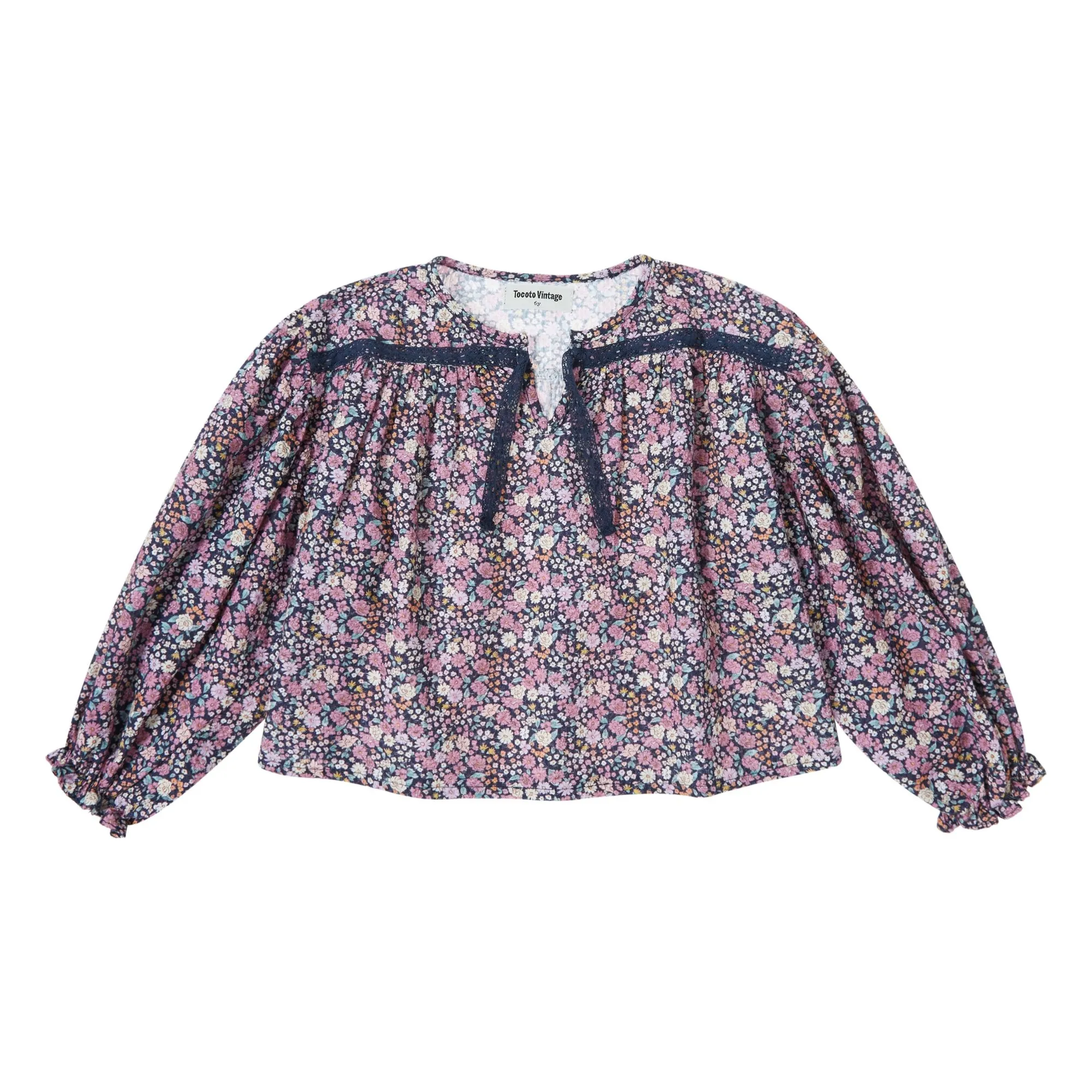 Tocoto Vintage Navy Blue Blouse Flowers