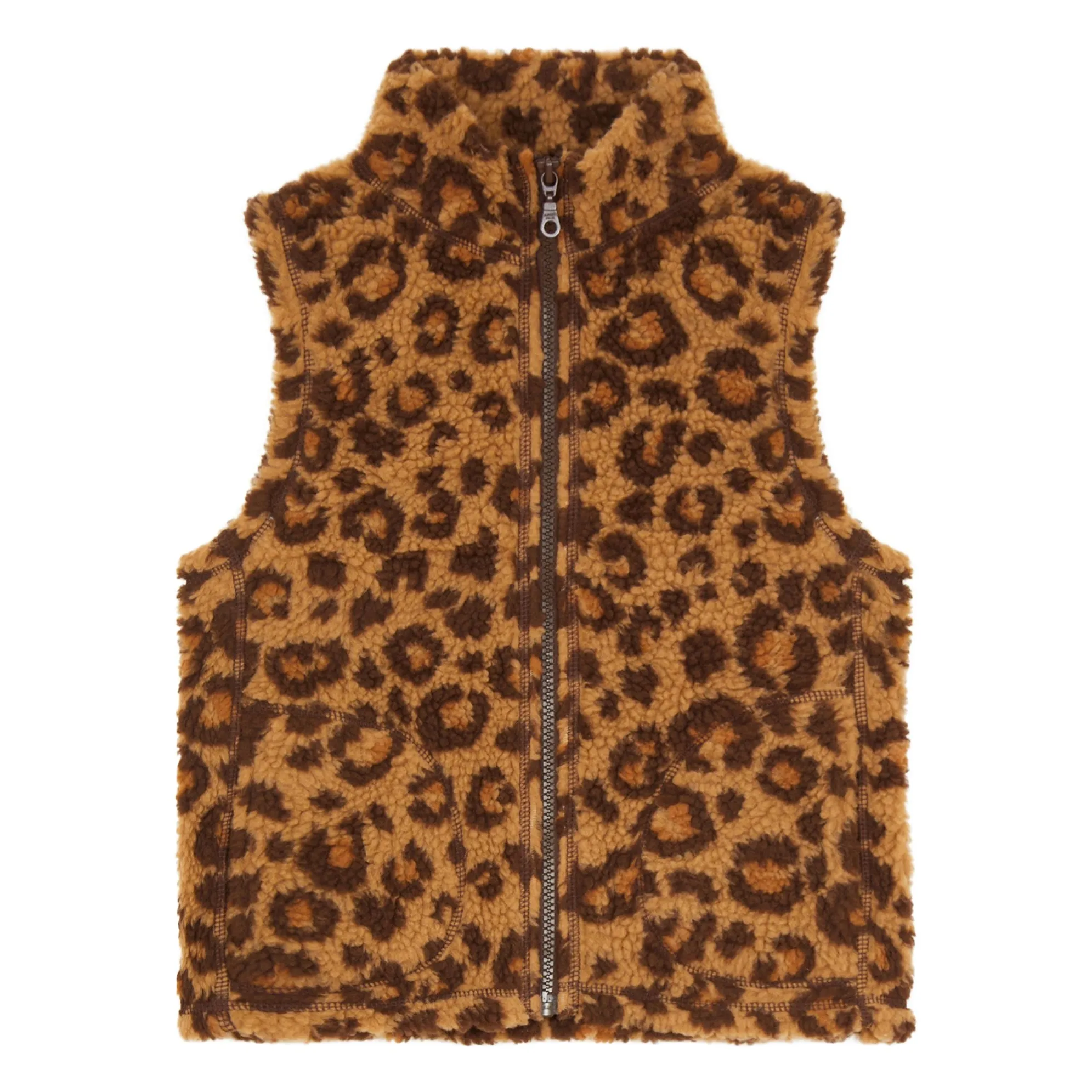 Hundred Pieces Light Brown Zipped Sleeveless Jacket Sherpa Aop Animal