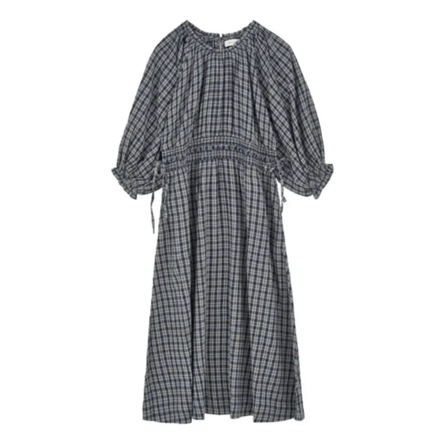 Langes Kleid mit Puffärmeln | Marineblau - Ecrufarben