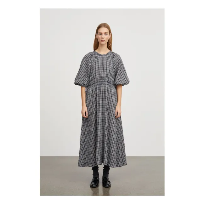Langes Kleid mit Puffärmeln | Marineblau - Ecrufarben