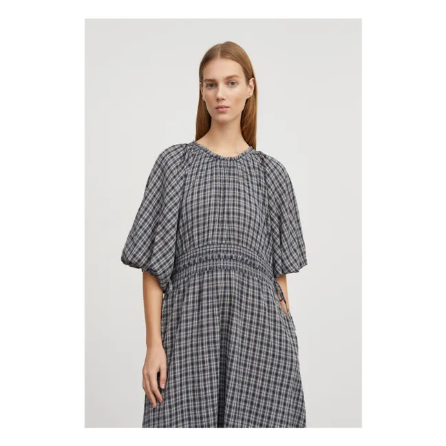 Langes Kleid mit Puffärmeln | Marineblau - Ecrufarben
