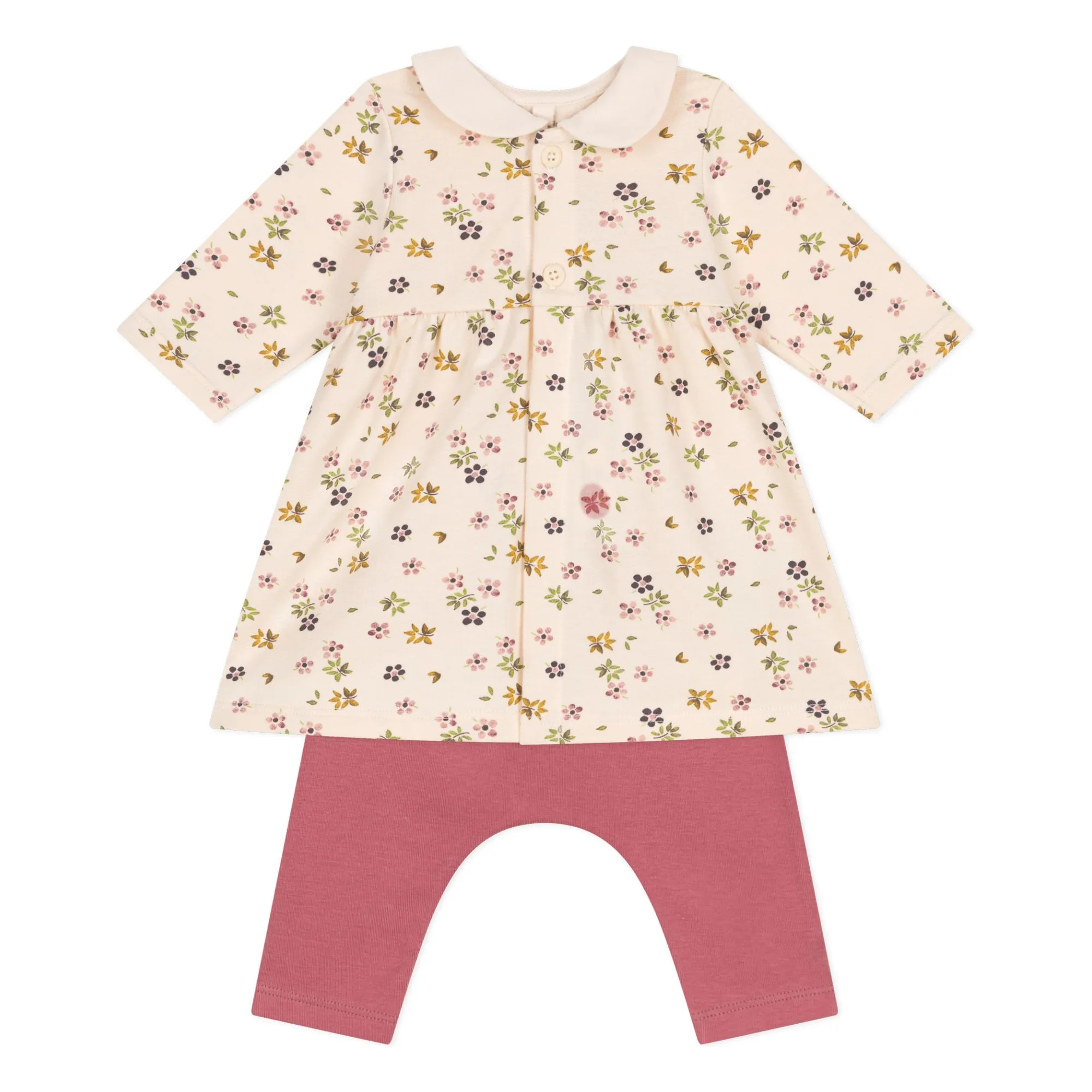 Petit Bateau Beige Flower Dress And Leggings Set