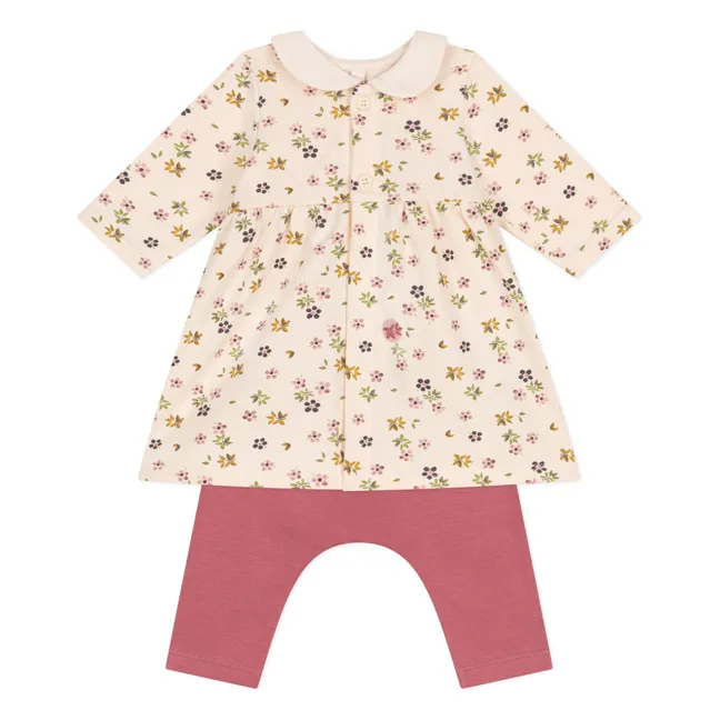 Conjunto de vestido de flores y mallas | Beige