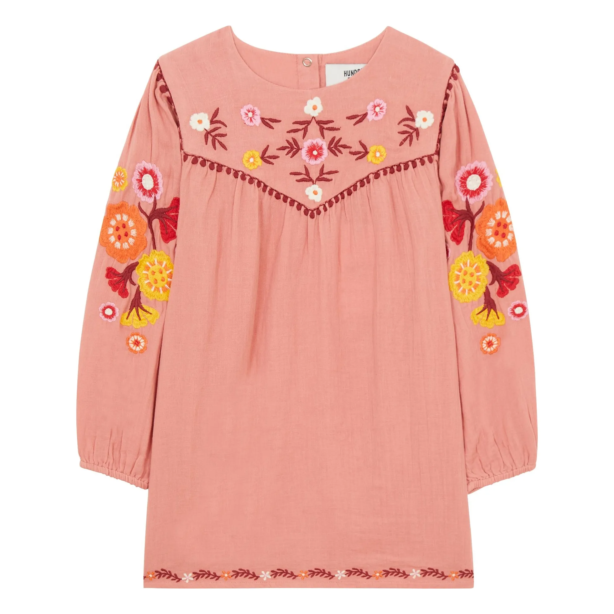 Hundred Pieces Blush Short Embroidered Dress Cotton Gauze