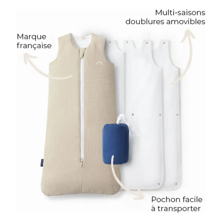 Saco de dormir multiestacional reversible de doble gasa de algodón | Beige- Imagen del producto n°3