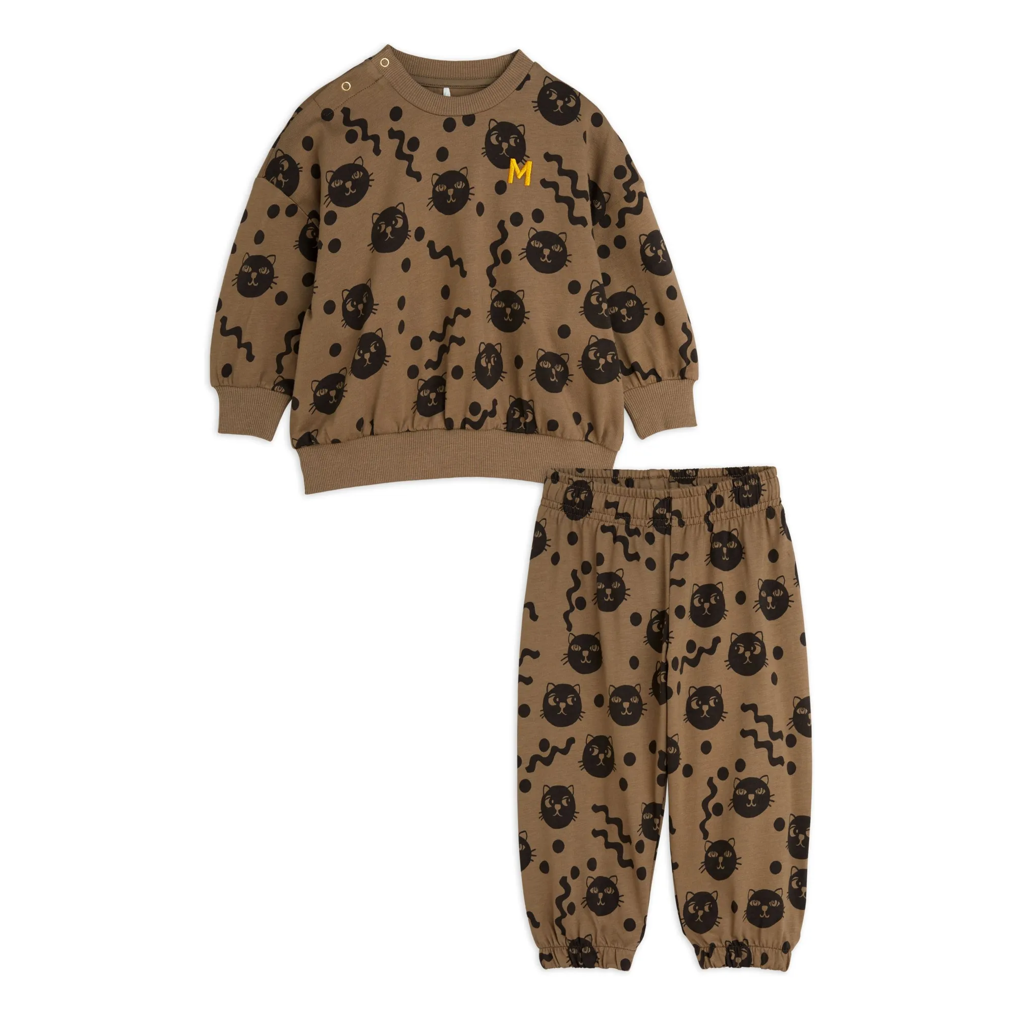 Mini Rodini Brown Squiggly Cat Organic Cotton Sweat And Jogger Set
