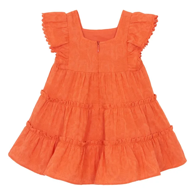 Besticktes Kleid mit Volants | Korallenfarben