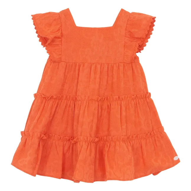 Besticktes Kleid mit Volants | Korallenfarben