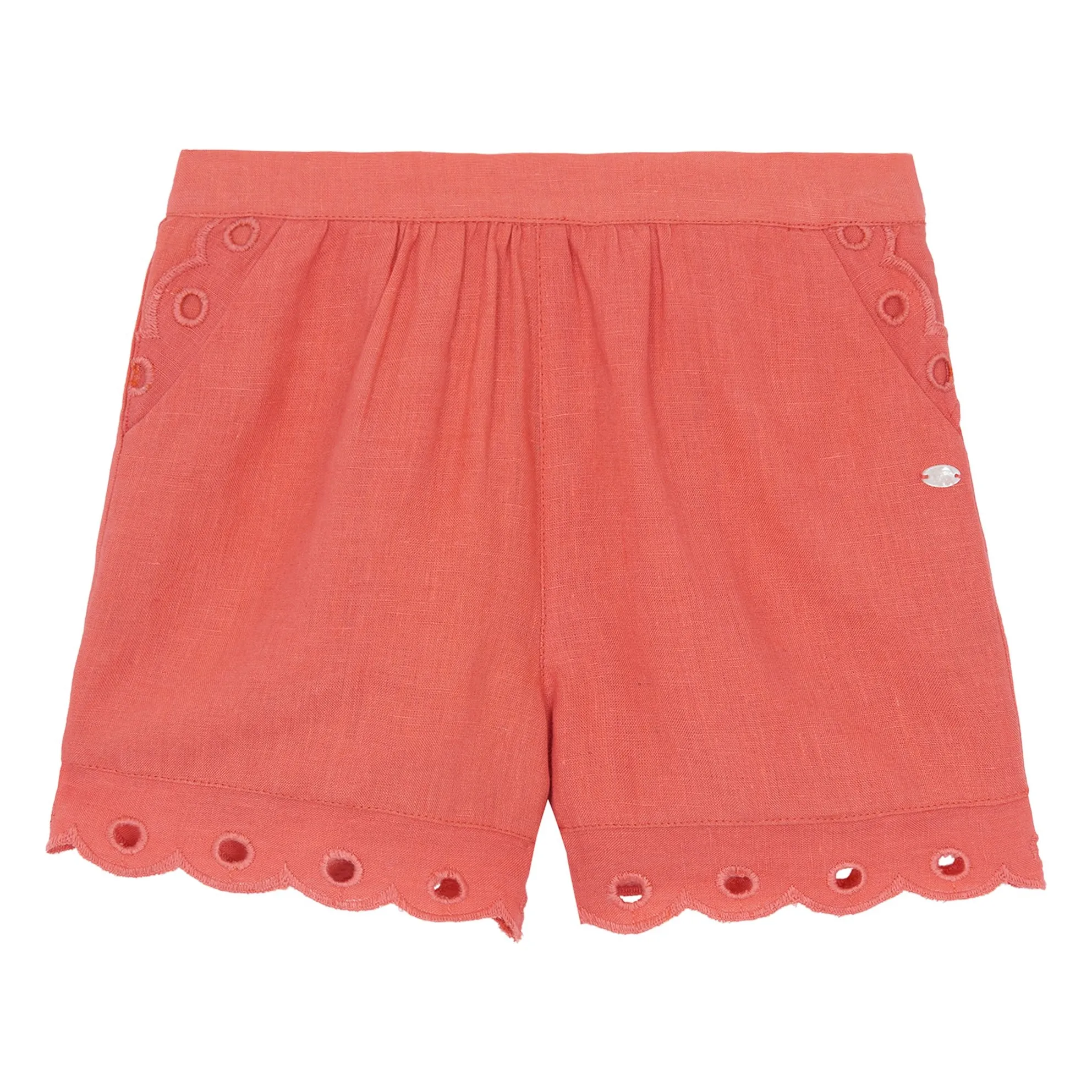 Tartine Et Chocolat Girls Coral Linen Embroidered Shorts