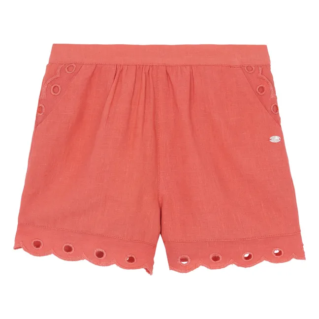 Linen Embroidered Shorts | Coral