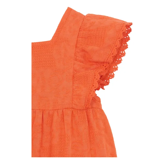 Besticktes Kleid mit Volants | Korallenfarben