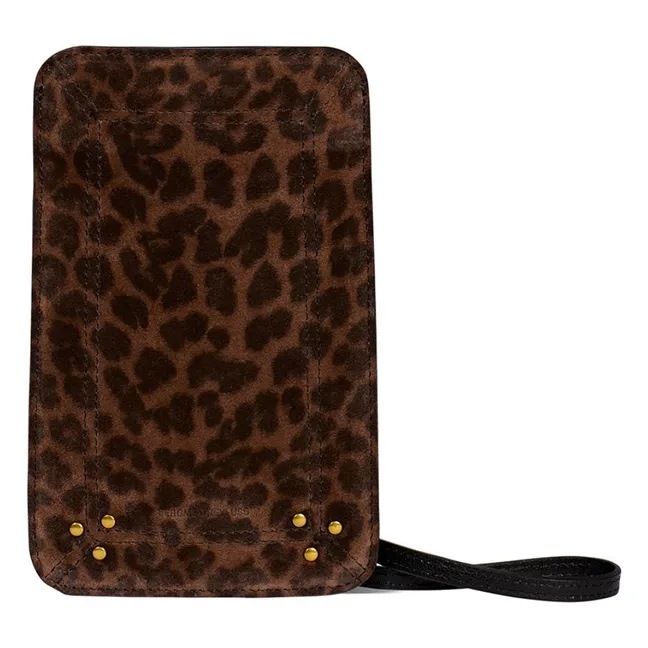 Custodia telefonica in pelle di velluto leopardata | Marrone