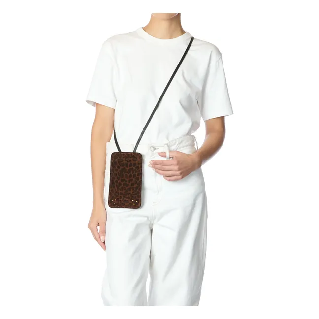 Porte Téléphone Croûte Velours Léopard | Marron