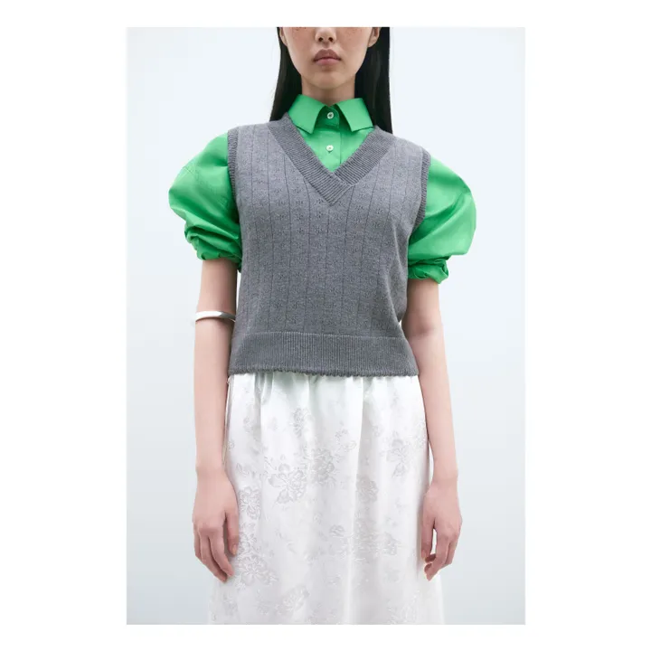 Sleeveless V-Neck Pointelle Merino Wool Sweater | Grey- Product image n°2
