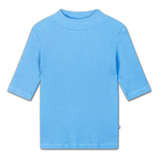 T-Shirt Col Cheminée Cotelé Coton Bio | Bleu azur