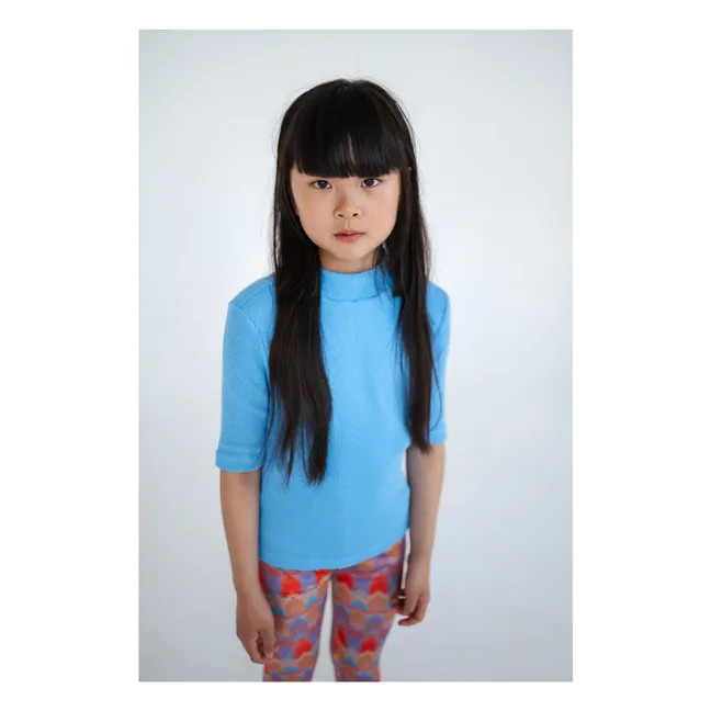 T-Shirt Col Cheminée Cotelé Coton Bio | Bleu azur