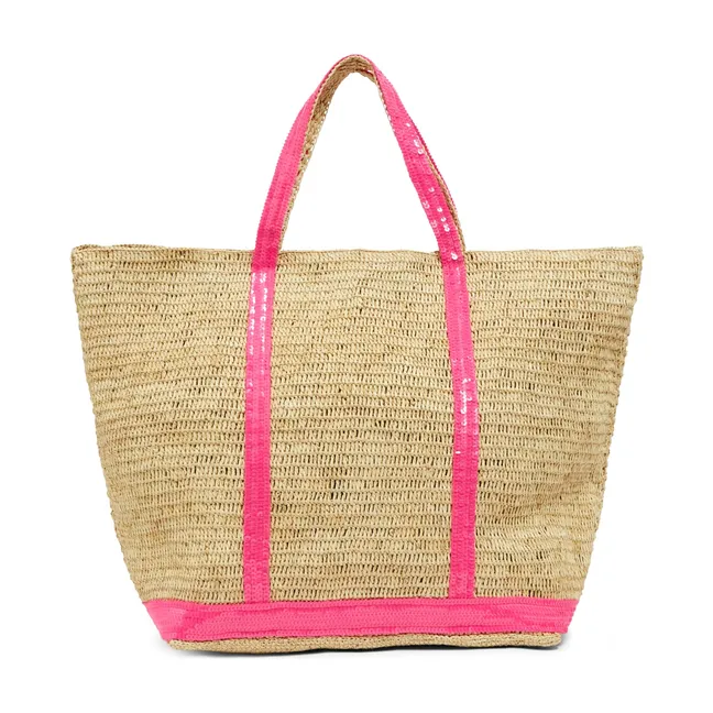 Large Shopping Bag Raffia and Sequins | Fluorescent pink