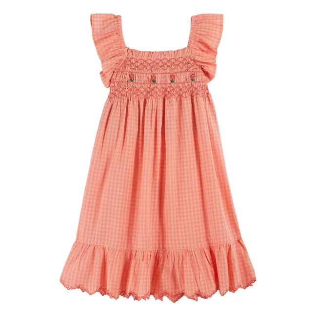 Robe Brodée Smockée Vichy Pivoine | Rose pêche