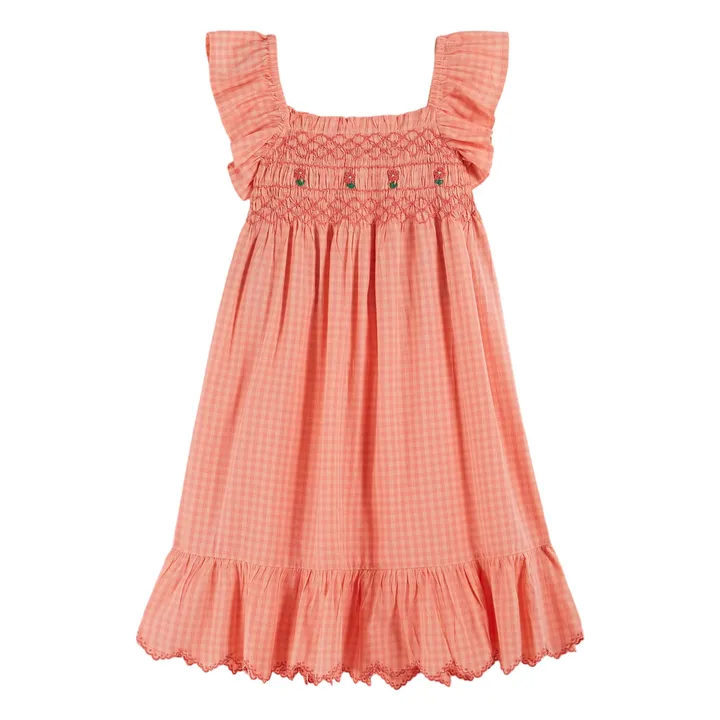Robe Brodée Smockée Vichy Pivoine | Rose pêche- Image produit n°1
