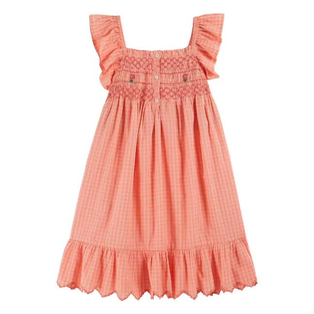 Robe Brodée Smockée Vichy Pivoine | Rose pêche
