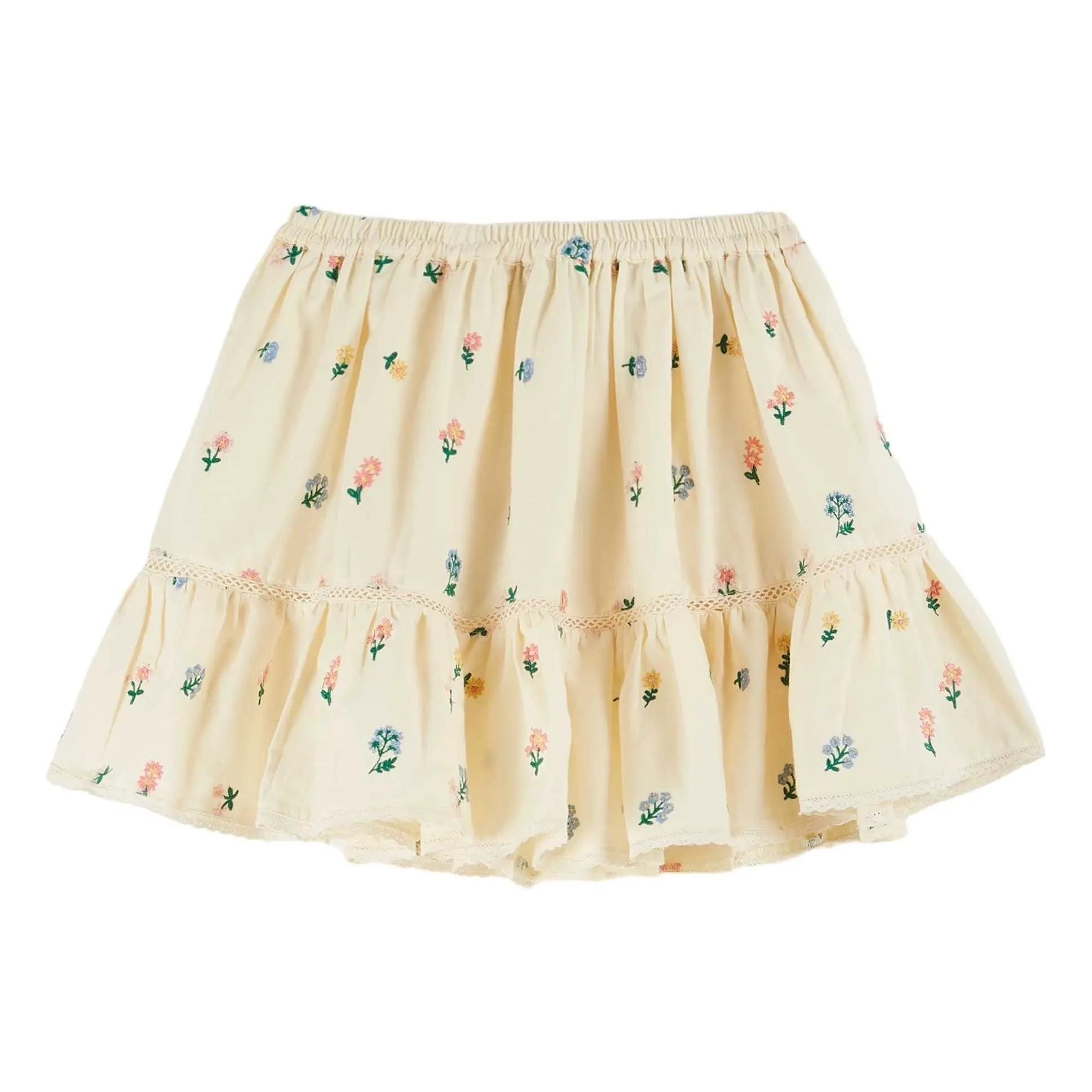 Emile Et Ida Girls Pale Yellow Embroidered Flower Skirt