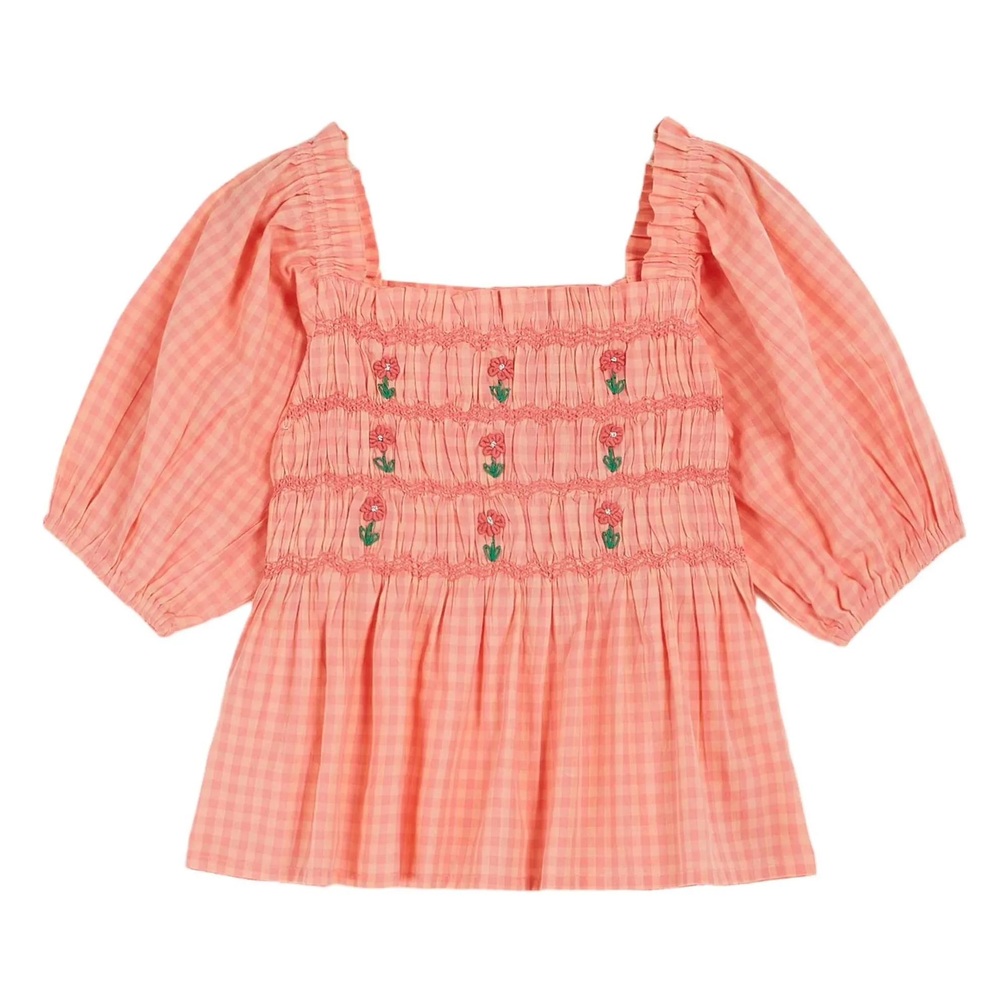 Emile Et Ida Peach Embroidered Gingham Smocked Blouse