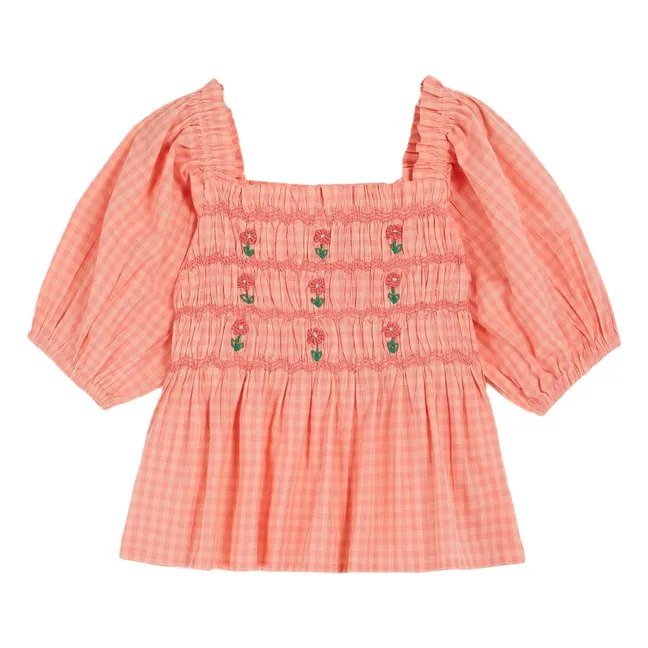 Blouse Smockée Vichy Brodée | Rose pêche