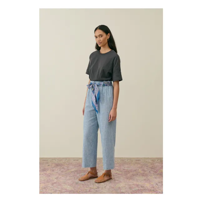 Pantalon Abuela Rayures Lin et Coton - Collection Femme | Bleu