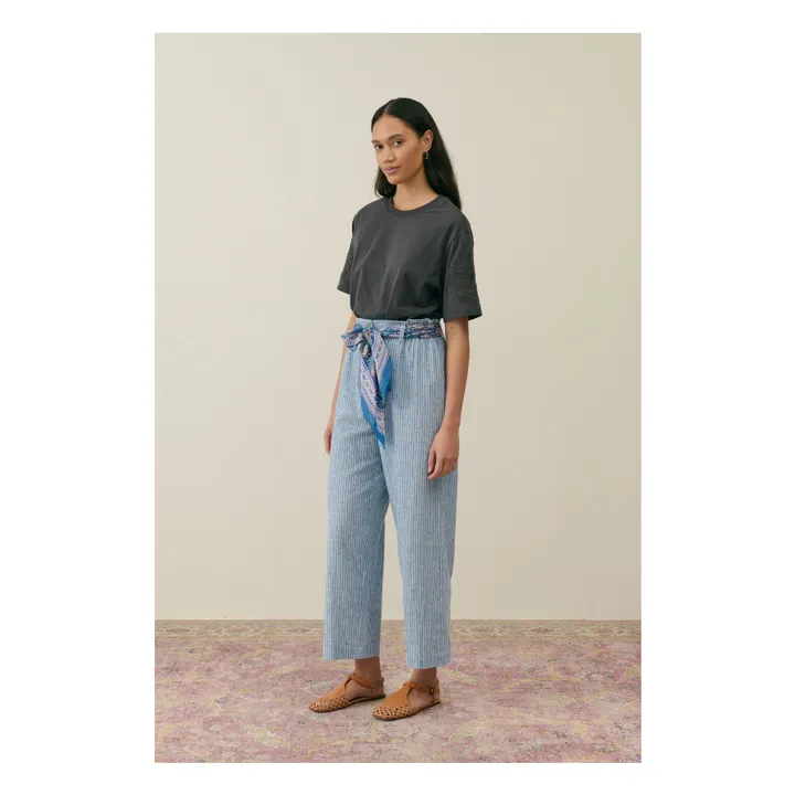 Pantalon Abuela Rayures Lin et Coton - Collection Femme | Bleu- Image produit n°1