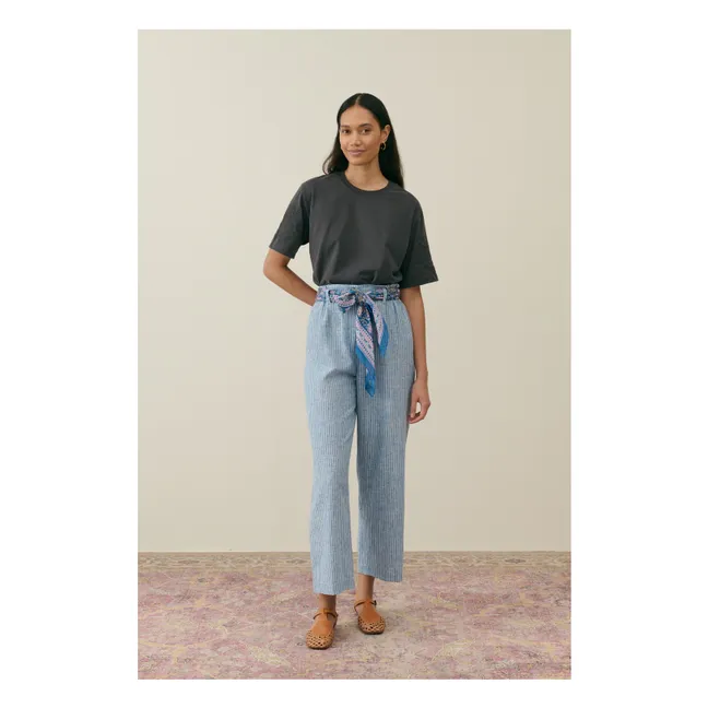 Pantalon Abuela Rayures Lin et Coton - Collection Femme | Bleu