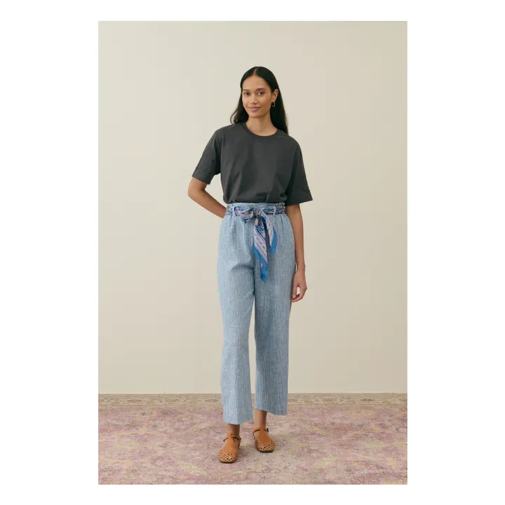 Pantalon Abuela Rayures Lin et Coton - Collection Femme | Bleu- Image produit n°0