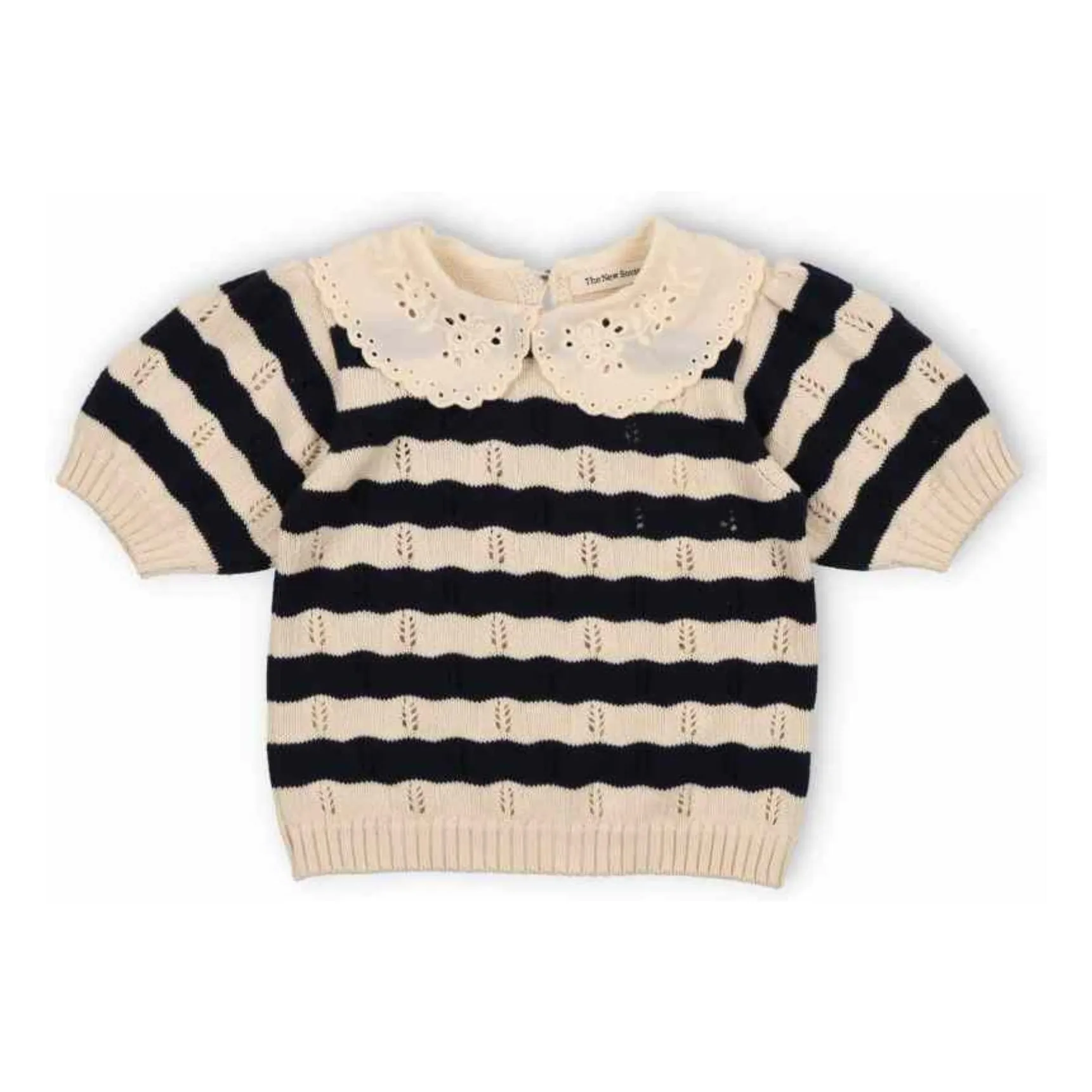 The New Society Navy Blue Marina Stripes Organic Cotton Short Sleeve Sweater