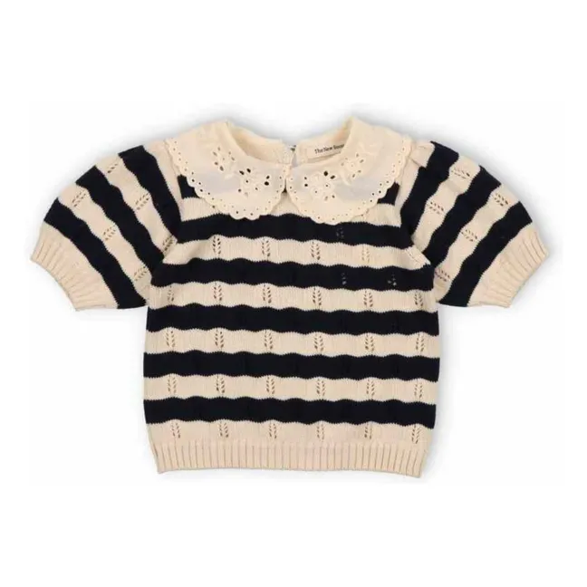 Pull Manches Courtes Rayures Marina Coton Bio | Bleu marine