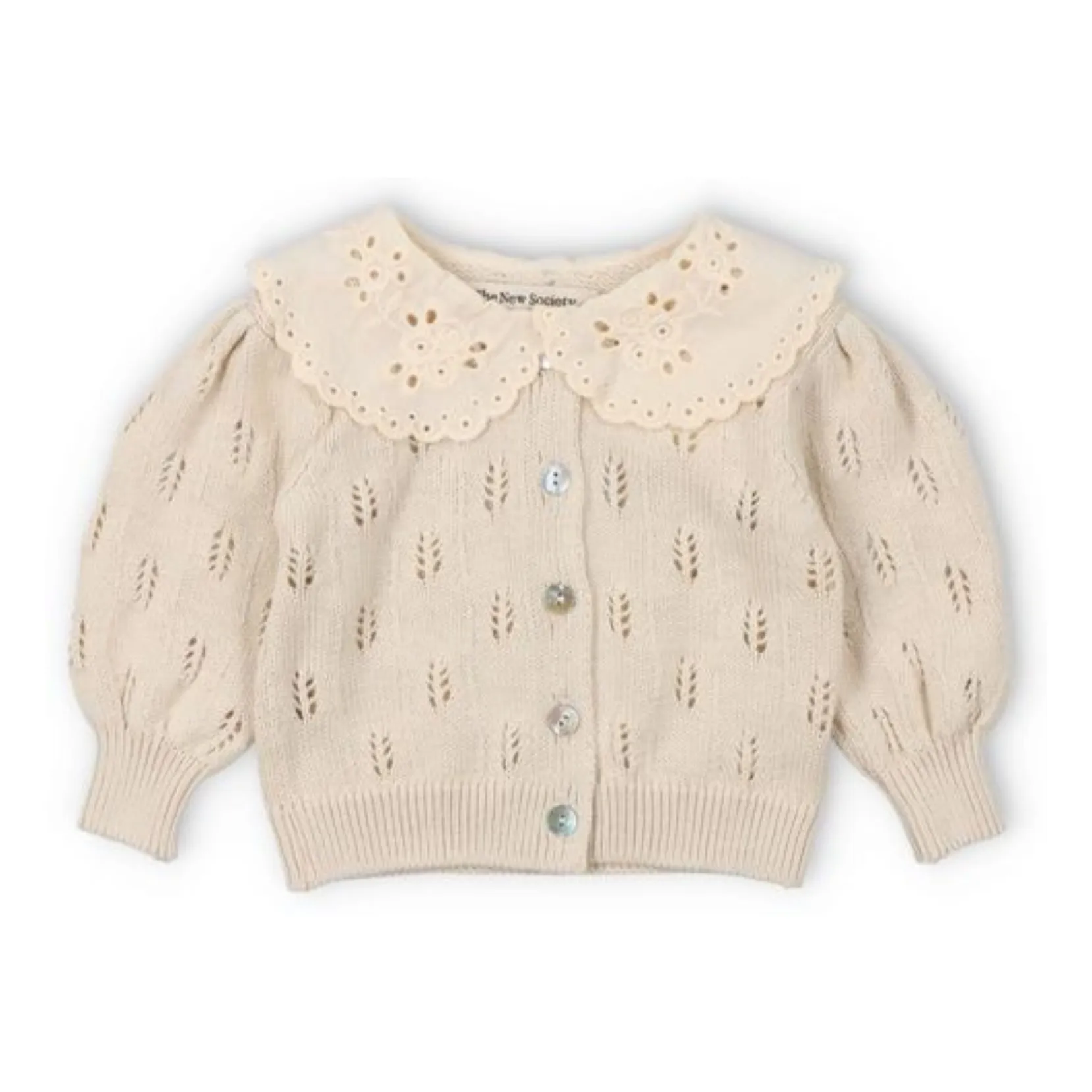 The New Society Beige Marina Baby Organic Cotton Lace Collar Flower Cardigan