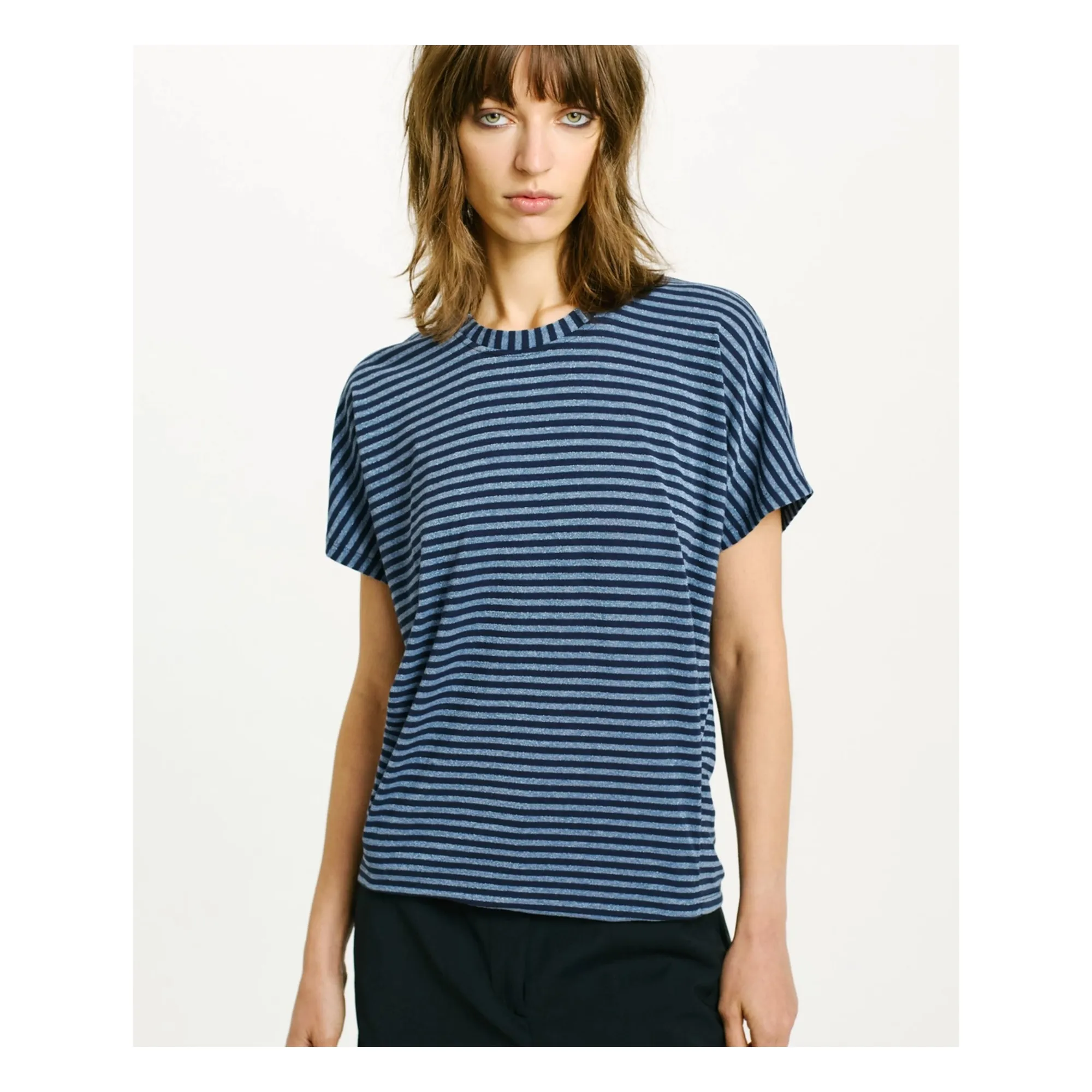 Momoni Blue Pawa T-Shirt Metallic Stripes