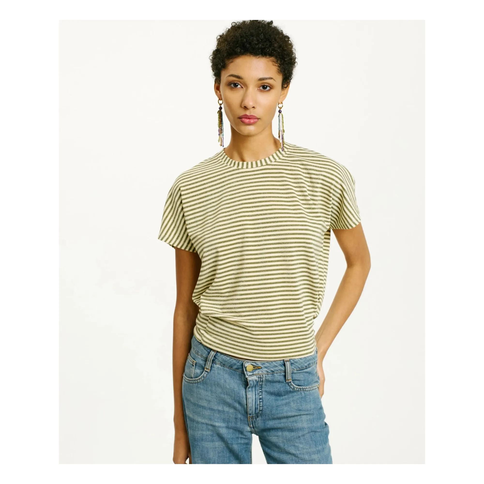 Momoni Cream Pawa T-Shirt Metallic Stripes
