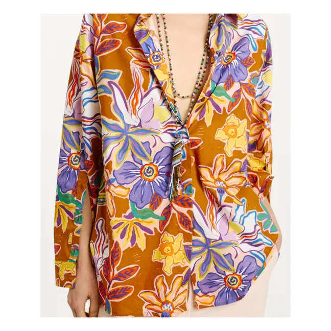 Camicia Iwaki in popeline di cotone stampato | Tabacco